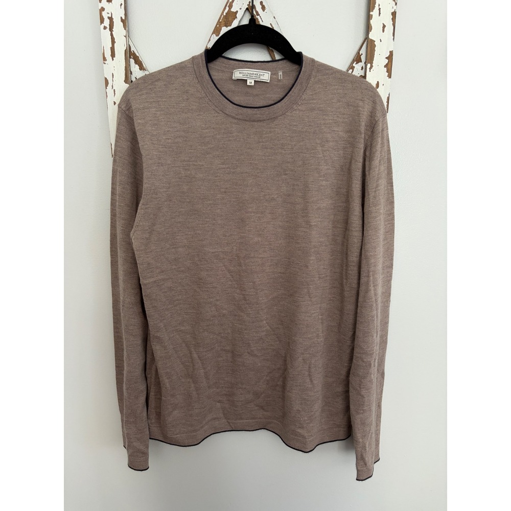 Williams & Kent 100% Cashmere Crew Neck Taupe & Black Trim Sweater Mens Size M